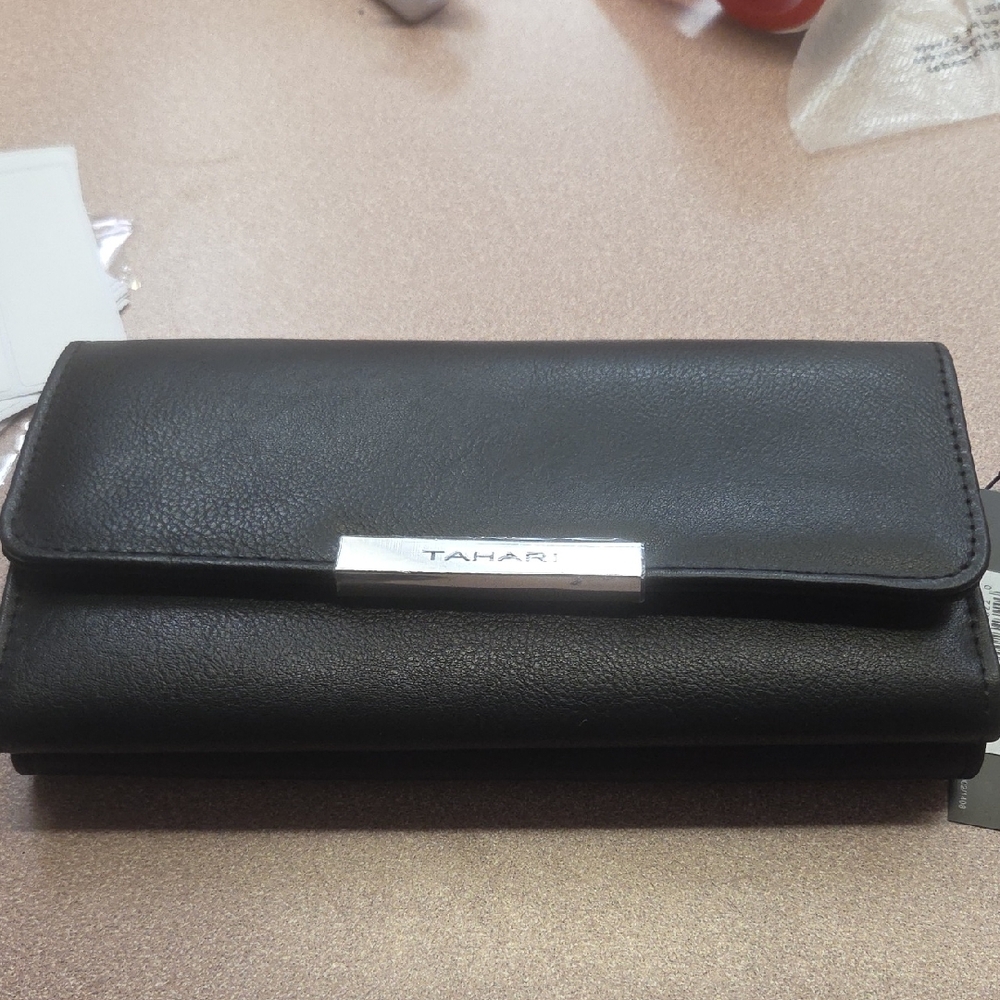 Tahari Black Leather Fold-Over Wallet with Silver Bar